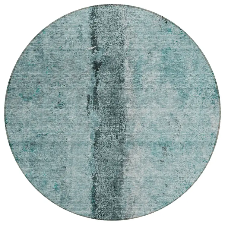 8' Teal Blue Aqua And Charcoal Round Abstract Washable Indoor Outdoor Area Rug