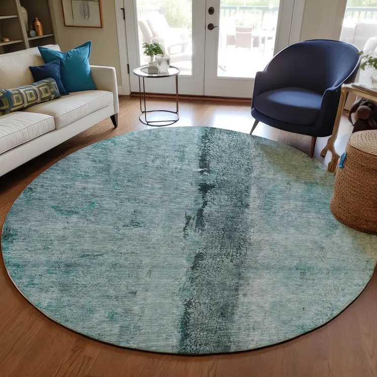 8' Teal Blue Aqua And Charcoal Round Abstract Washable Indoor Outdoor Area Rug