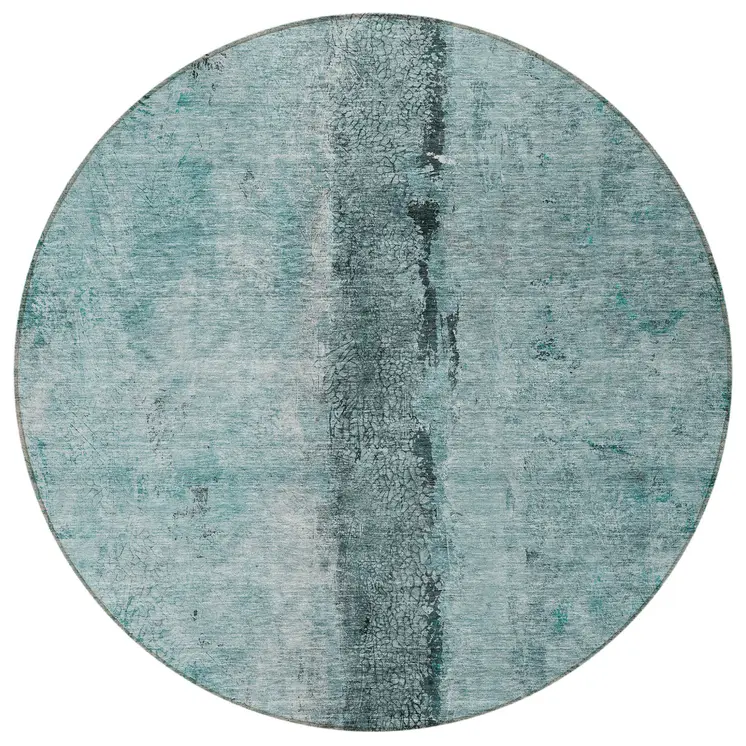 8' Teal Blue Aqua And Charcoal Round Abstract Washable Indoor Outdoor Area Rug