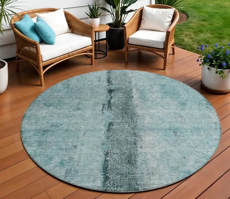 8' Teal Blue Aqua And Charcoal Round Abstract Washable Indoor Outdoor Area Rug