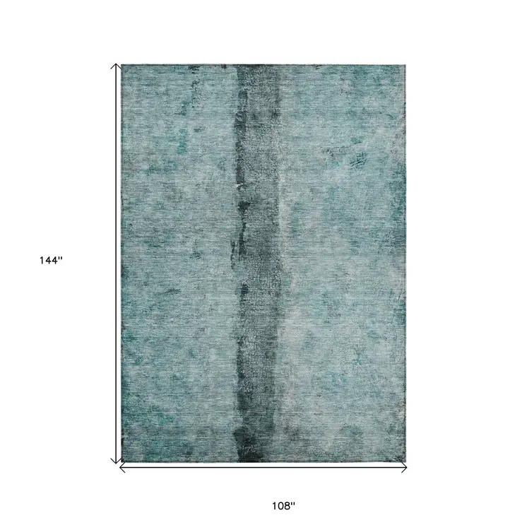 9' X 12' Teal Blue Aqua And Charcoal Abstract Washable Indoor Outdoor Area Rug