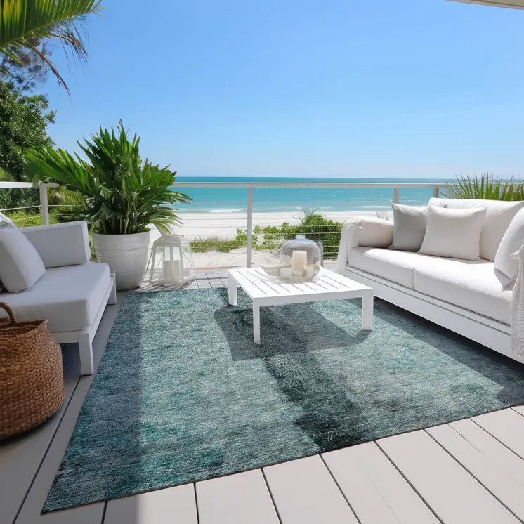 10' X 14' Teal Blue Aqua And Charcoal Abstract Washable Indoor Outdoor Area Rug