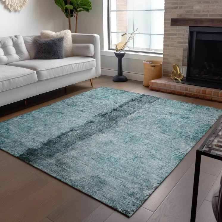 10' X 14' Teal Blue Aqua And Charcoal Abstract Washable Indoor Outdoor Area Rug