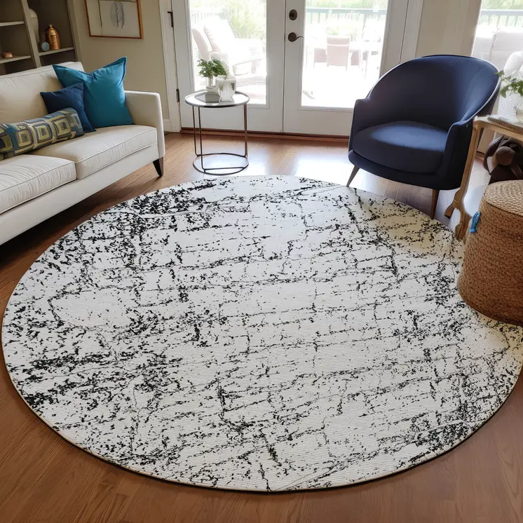 8' Black White And Gray Round Abstract Washable Indoor Outdoor Area Rug