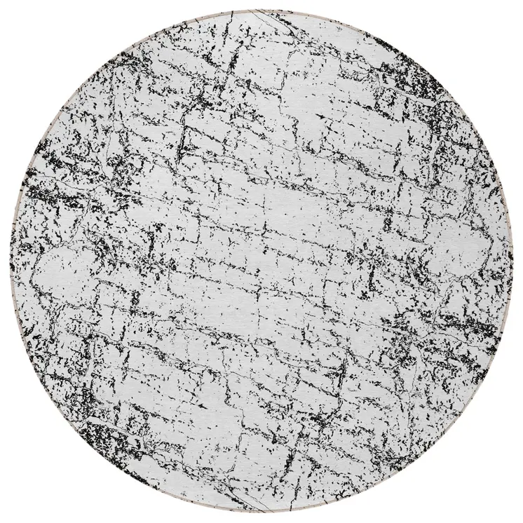 8' Black White And Gray Round Abstract Washable Indoor Outdoor Area Rug