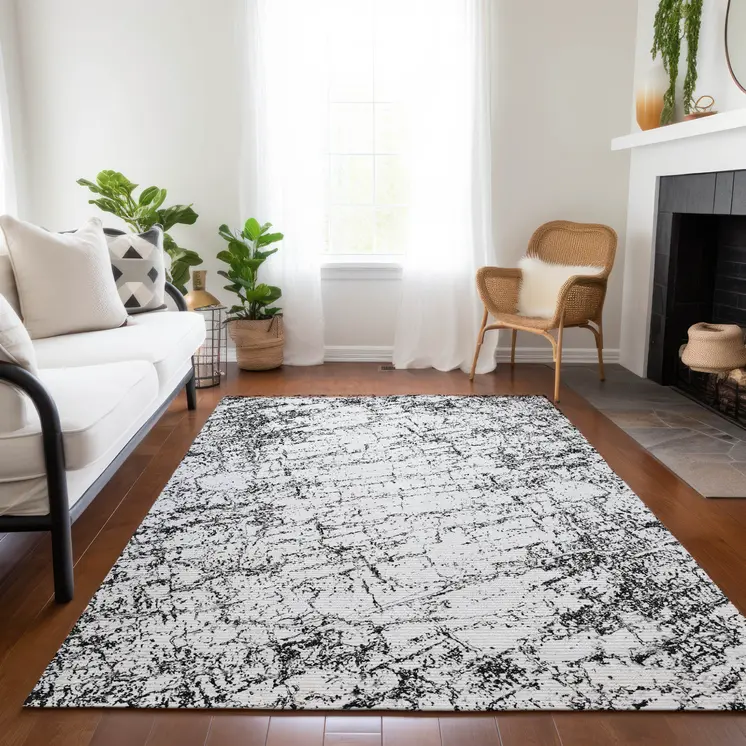 8' X 10' Black White And Gray Abstract Washable Indoor Outdoor Area Rug