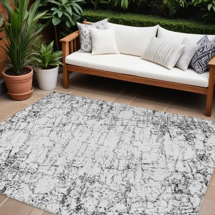 9' X 12' Black White And Gray Abstract Washable Indoor Outdoor Area Rug