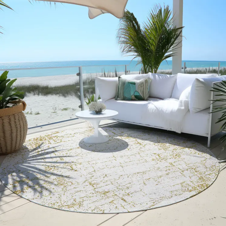 8' Gold And Ivory Round Abstract Washable Indoor Outdoor Area Rug