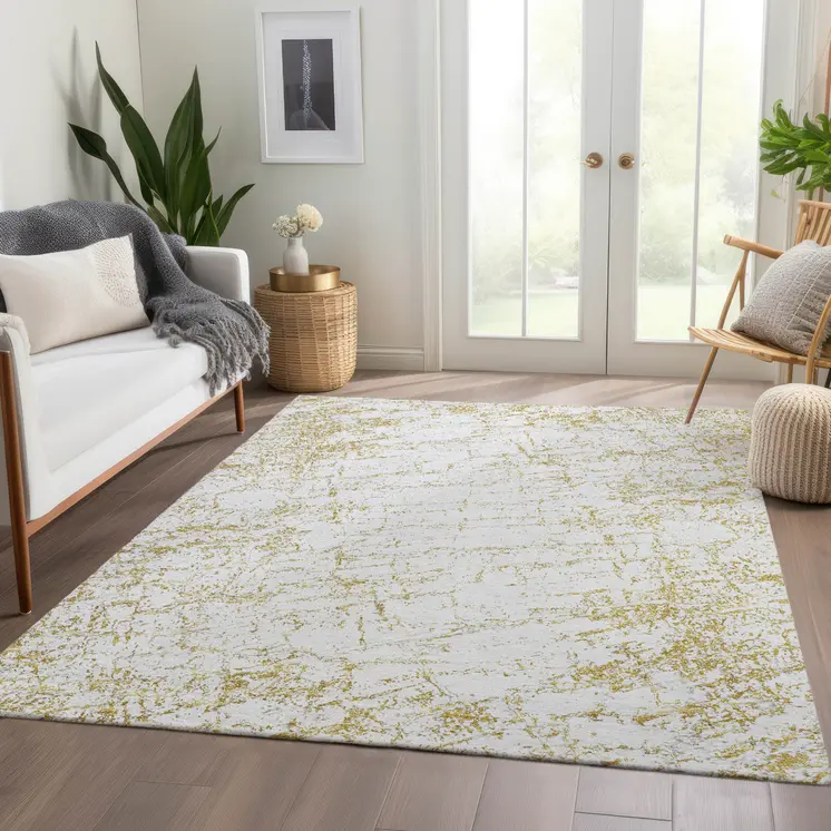 9' X 12' Gold And Ivory Abstract Washable Indoor Outdoor Area Rug