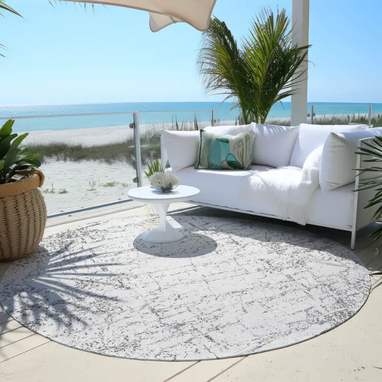 8' Gray And Ivory Round Abstract Washable Indoor Outdoor Area Rug