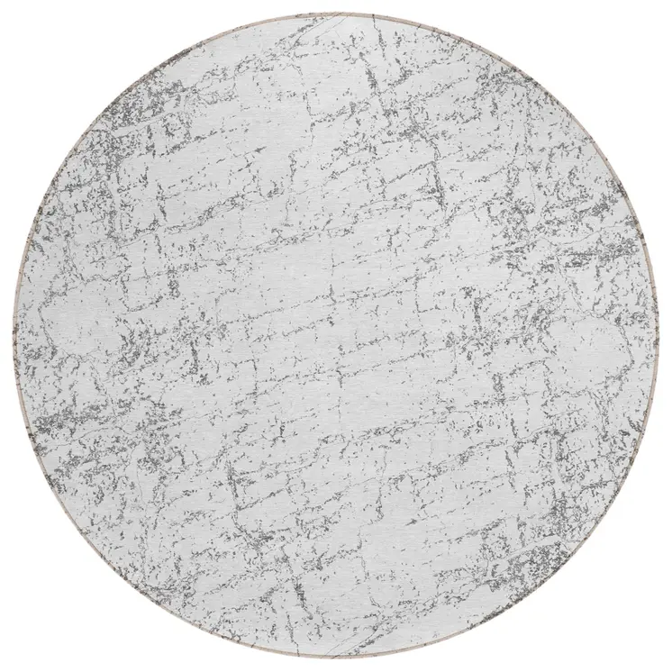 8' Gray And Ivory Round Abstract Washable Indoor Outdoor Area Rug