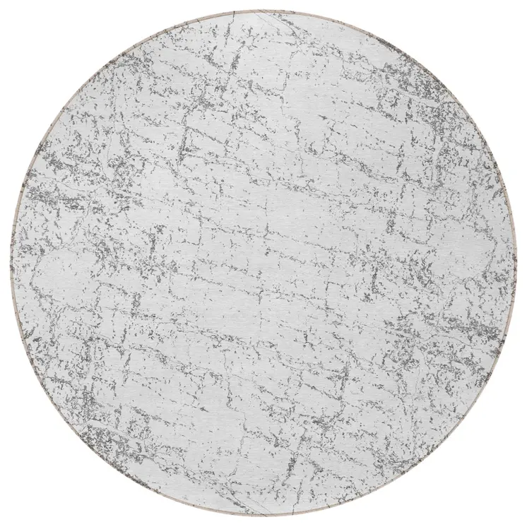 8' Gray And Ivory Round Abstract Washable Indoor Outdoor Area Rug