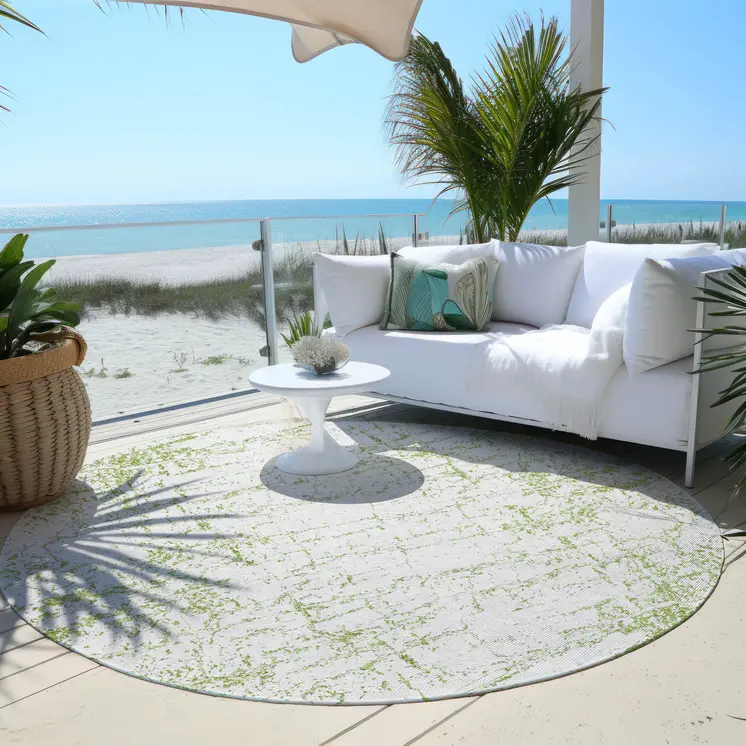 8' Green And Ivory Round Abstract Washable Indoor Outdoor Area Rug