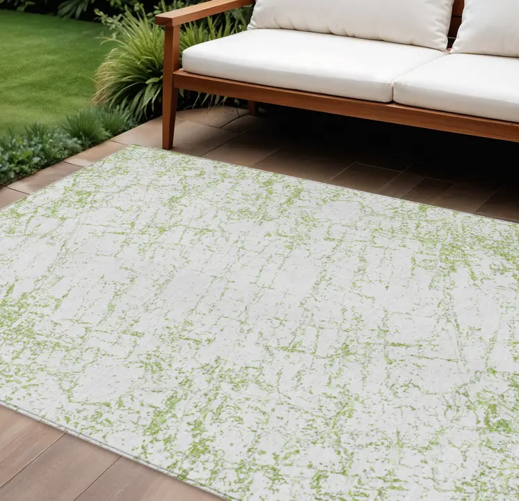 10' X 14' Green And Ivory Abstract Washable Indoor Outdoor Area Rug