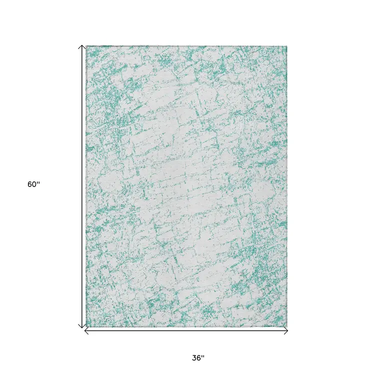 3' X 5' Teal Blue And Ivory Abstract Washable Indoor Outdoor Area Rug