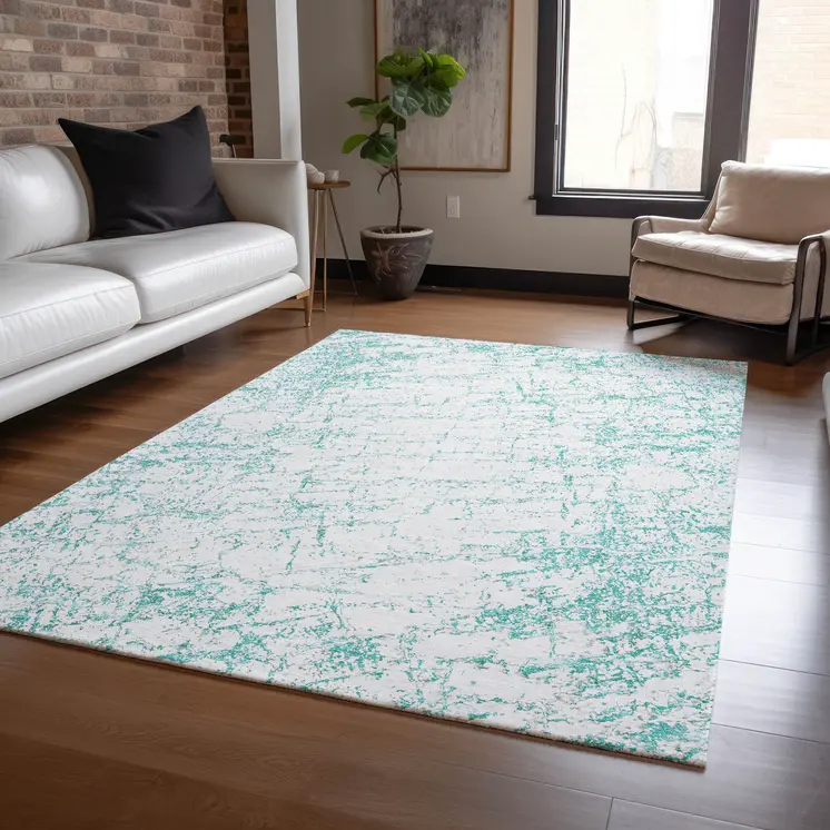 3' X 5' Teal Blue And Ivory Abstract Washable Indoor Outdoor Area Rug