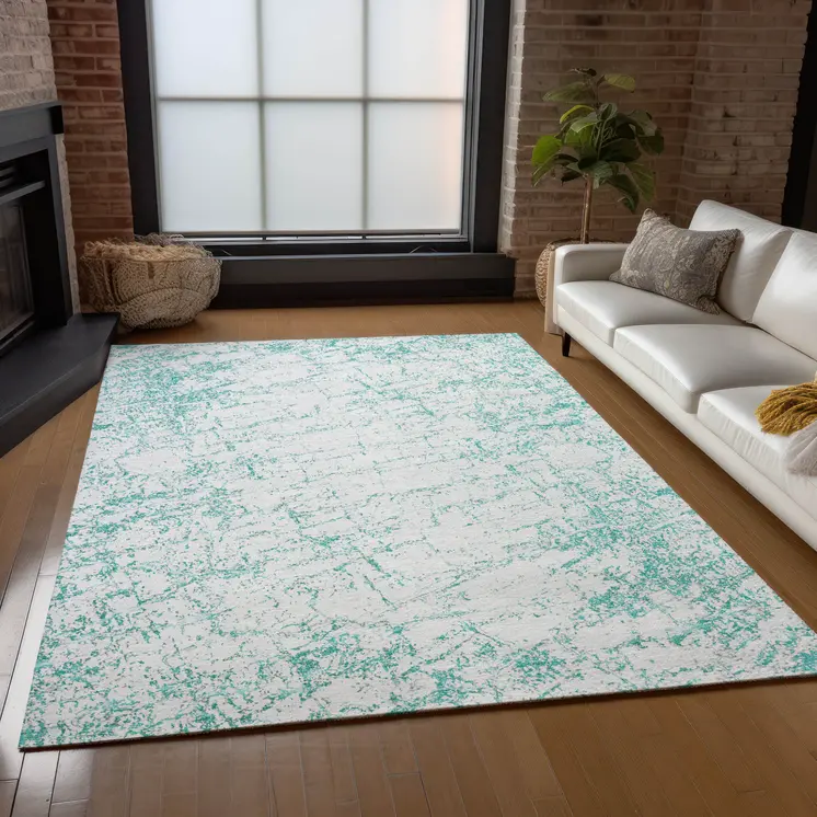3' X 5' Teal Blue And Ivory Abstract Washable Indoor Outdoor Area Rug