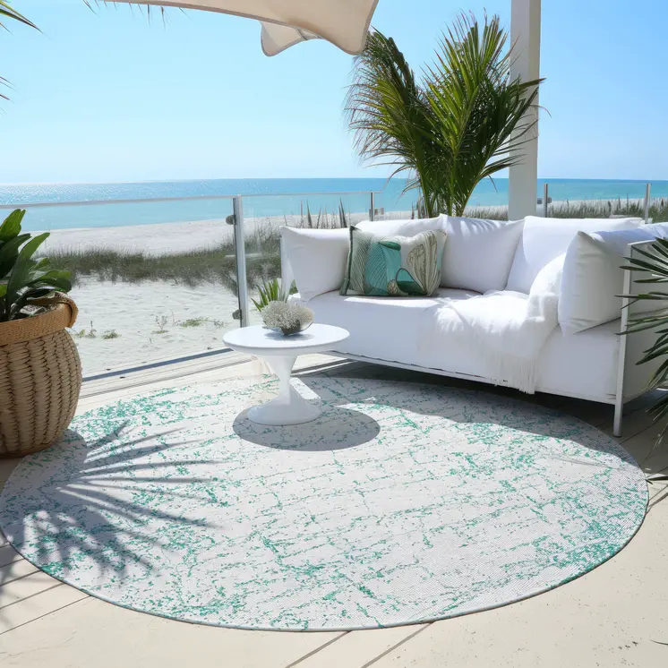 8' Teal Blue And Ivory Round Abstract Washable Indoor Outdoor Area Rug