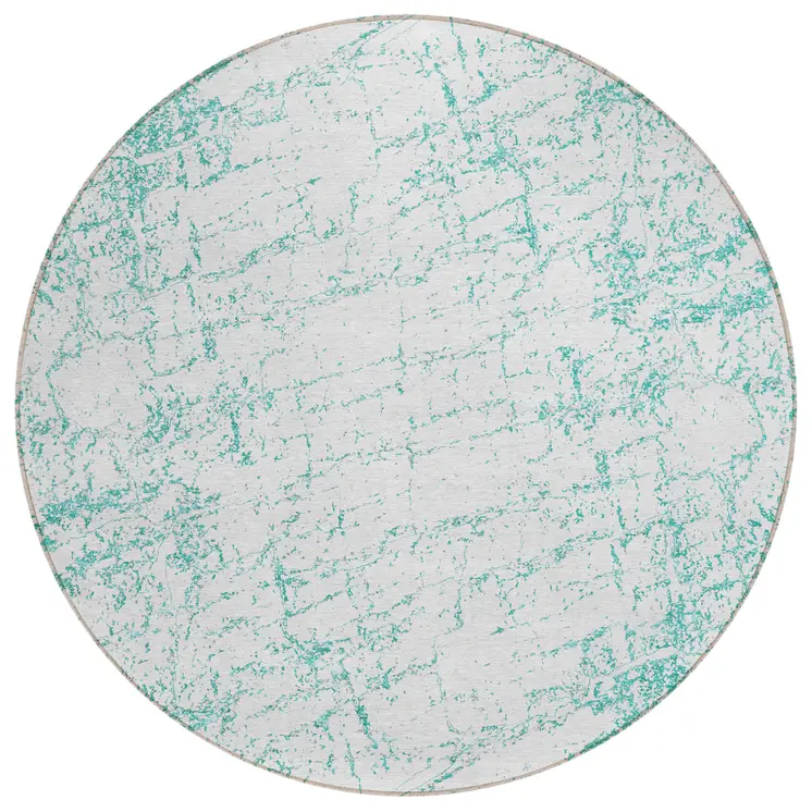8' Teal Blue And Ivory Round Abstract Washable Indoor Outdoor Area Rug