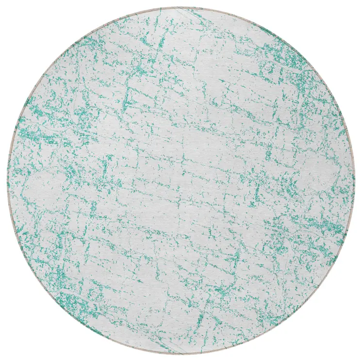 8' Teal Blue And Ivory Round Abstract Washable Indoor Outdoor Area Rug