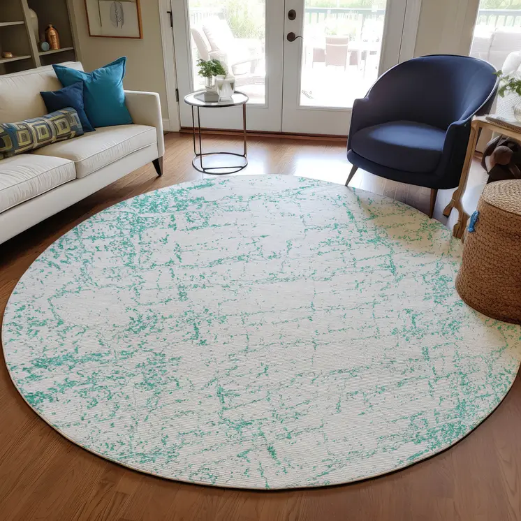 8' Teal Blue And Ivory Round Abstract Washable Indoor Outdoor Area Rug