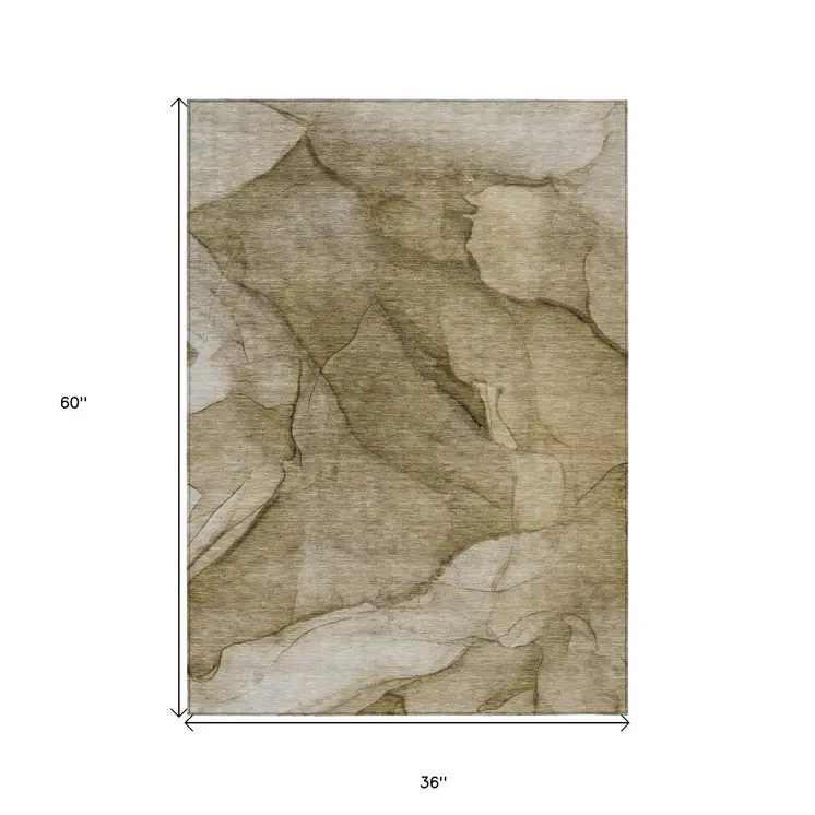 3' X 5' Brown Beige And Taupe Abstract Washable Indoor Outdoor Area Rug