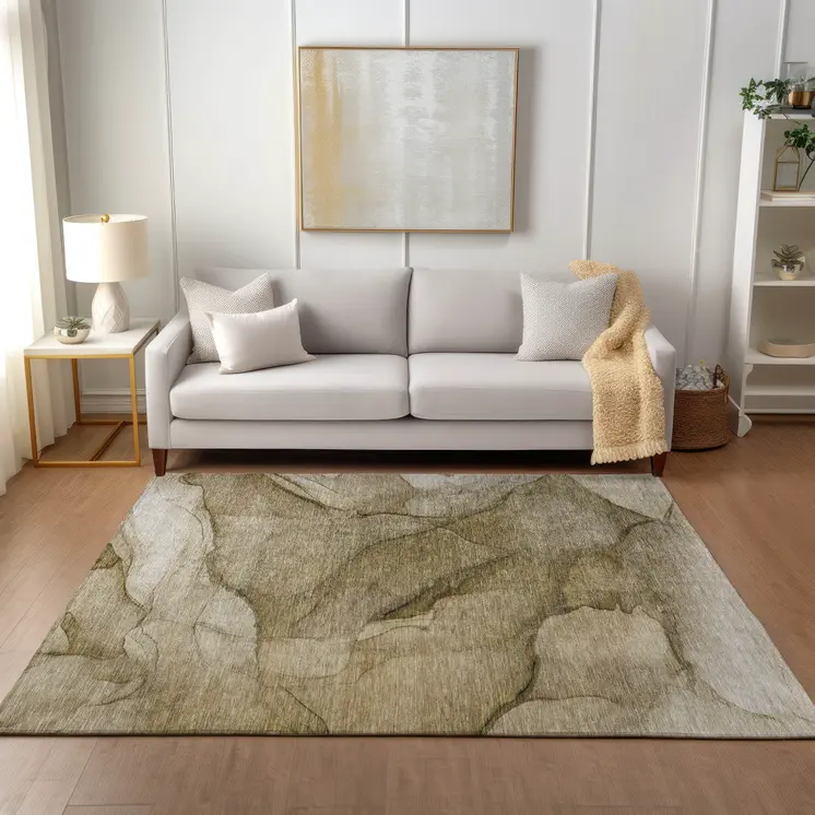 3' X 5' Brown Beige And Taupe Abstract Washable Indoor Outdoor Area Rug