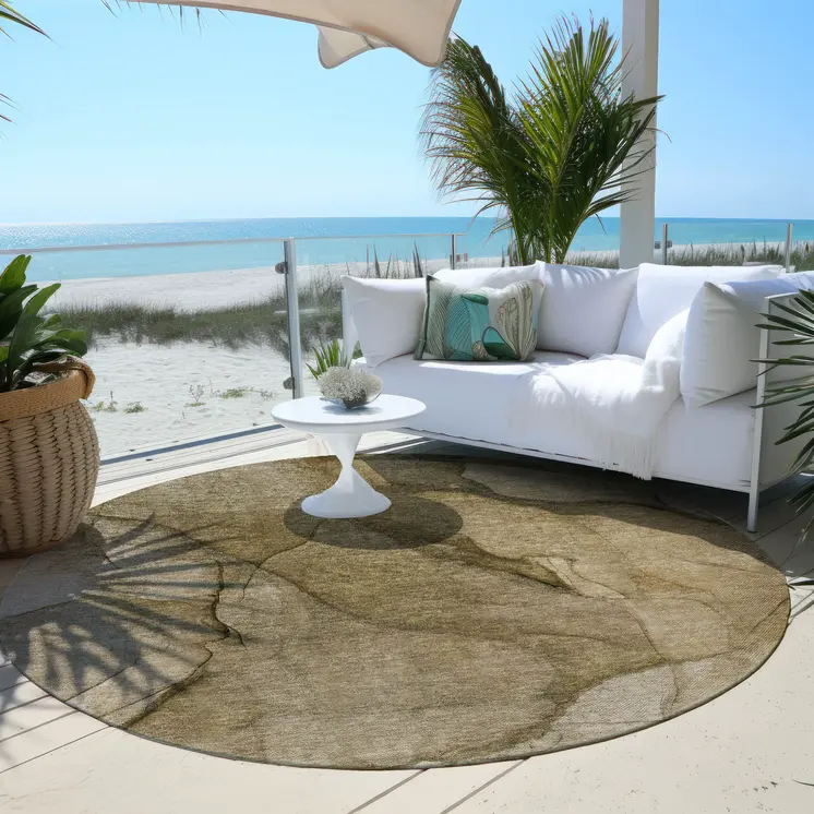 8' Brown Beige And Taupe Round Abstract Washable Indoor Outdoor Area Rug