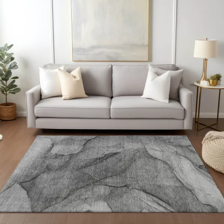 5' X 8' Gray Silver And Charcoal Abstract Washable Indoor Outdoor Area Rug