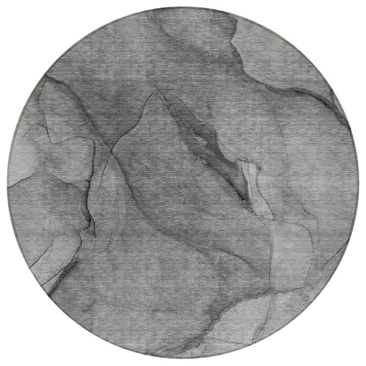 8' Gray Silver And Charcoal Round Abstract Washable Indoor Outdoor Area Rug