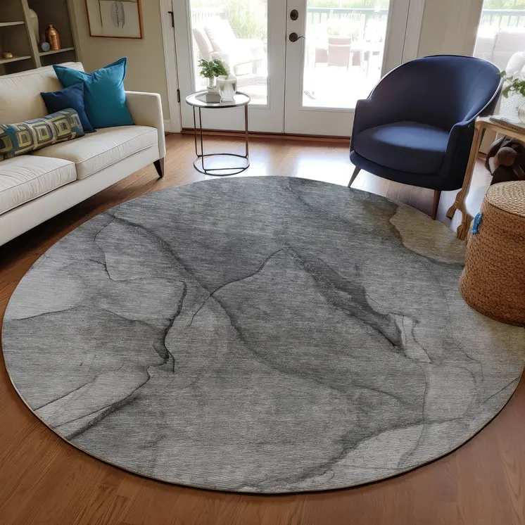 8' Gray Silver And Charcoal Round Abstract Washable Indoor Outdoor Area Rug