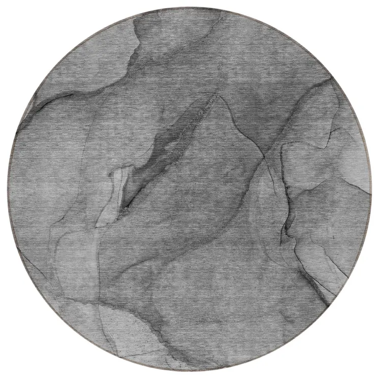 8' Gray Silver And Charcoal Round Abstract Washable Indoor Outdoor Area Rug
