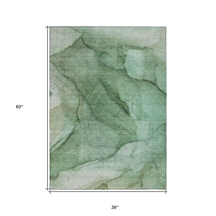 3' X 5' Green And Sage Abstract Washable Indoor Outdoor Area Rug