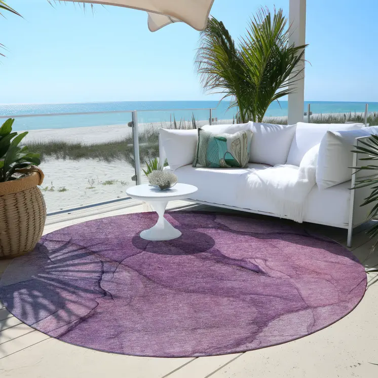 8' Purple Lilac And Lavender Round Abstract Washable Indoor Outdoor Area Rug