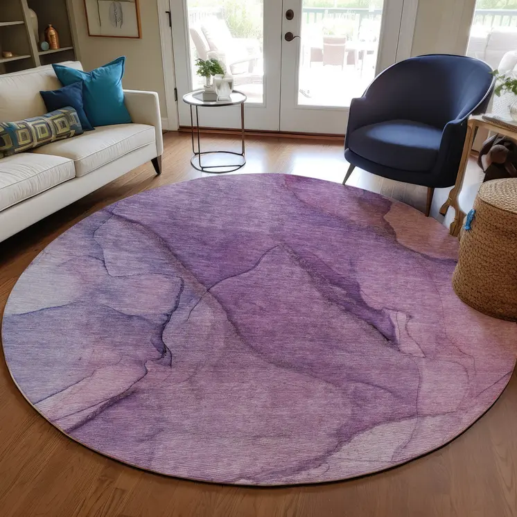 8' Purple Lilac And Lavender Round Abstract Washable Indoor Outdoor Area Rug