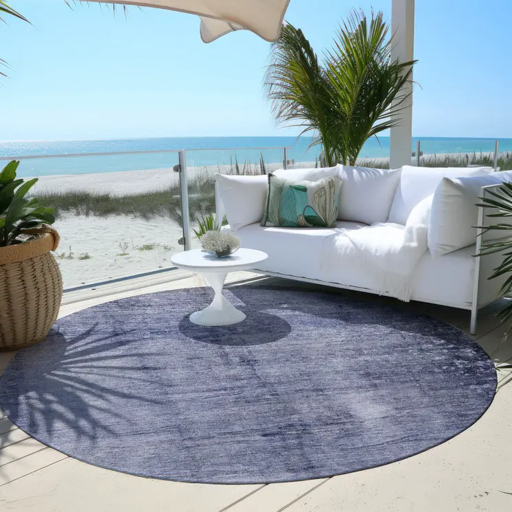 8' Navy Blue And Sky Blue Round Abstract Washable Indoor Outdoor Area Rug