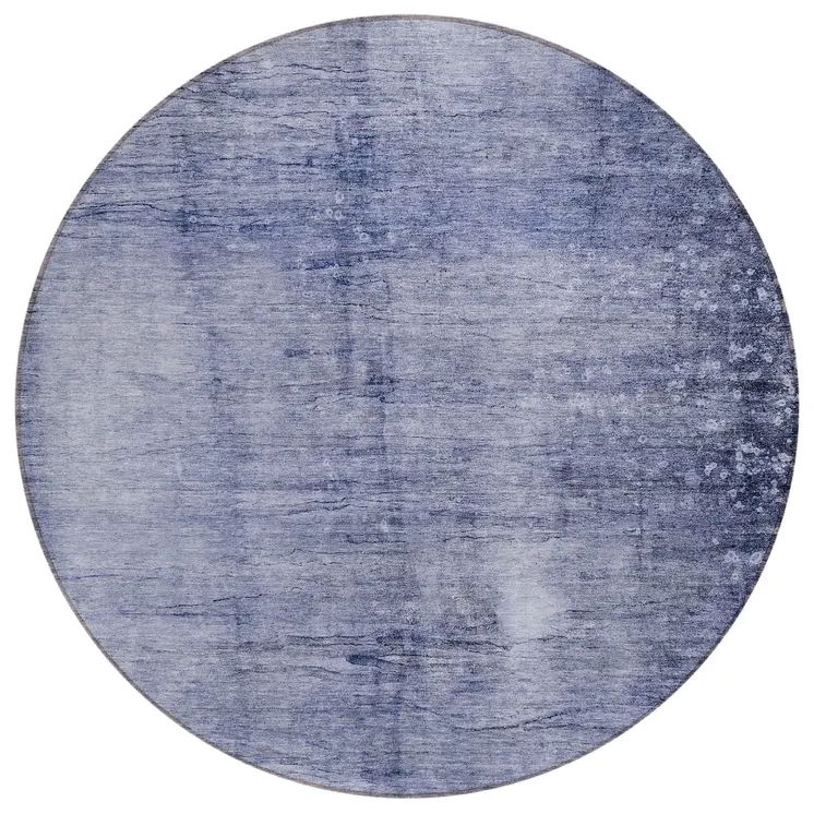 8' Navy Blue And Sky Blue Round Abstract Washable Indoor Outdoor Area Rug