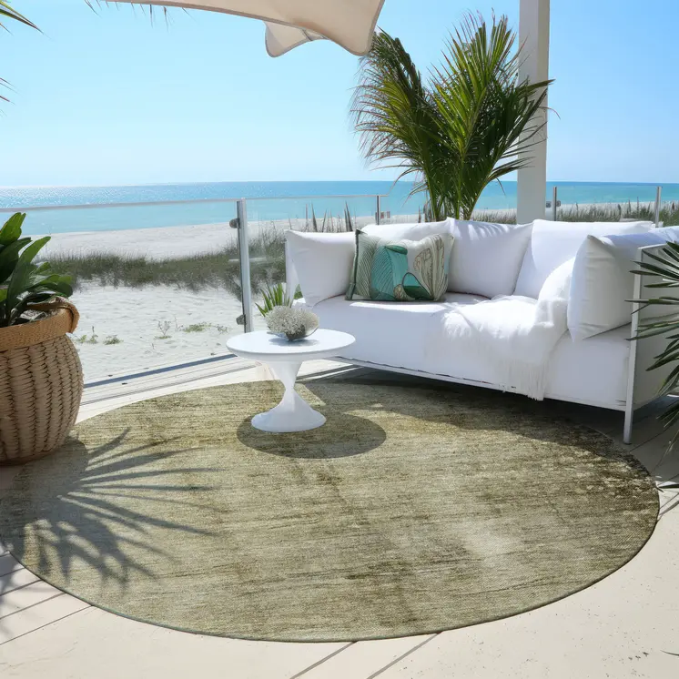 8' Taupe Beige And Chocolate Round Abstract Washable Indoor Outdoor Area Rug