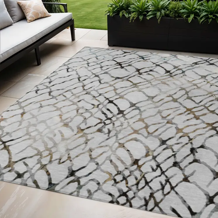 5' X 8' Silver Gray And Charcoal Abstract Washable Indoor Outdoor Area Rug