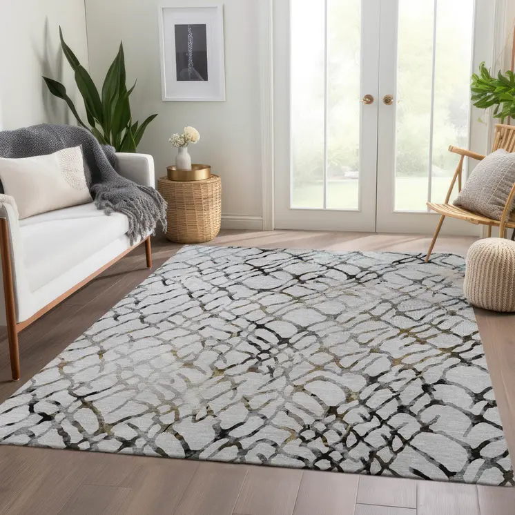 5' X 8' Silver Gray And Charcoal Abstract Washable Indoor Outdoor Area Rug