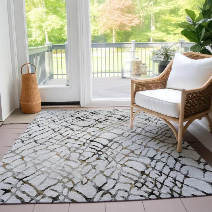 5' X 8' Silver Gray And Charcoal Abstract Washable Indoor Outdoor Area Rug