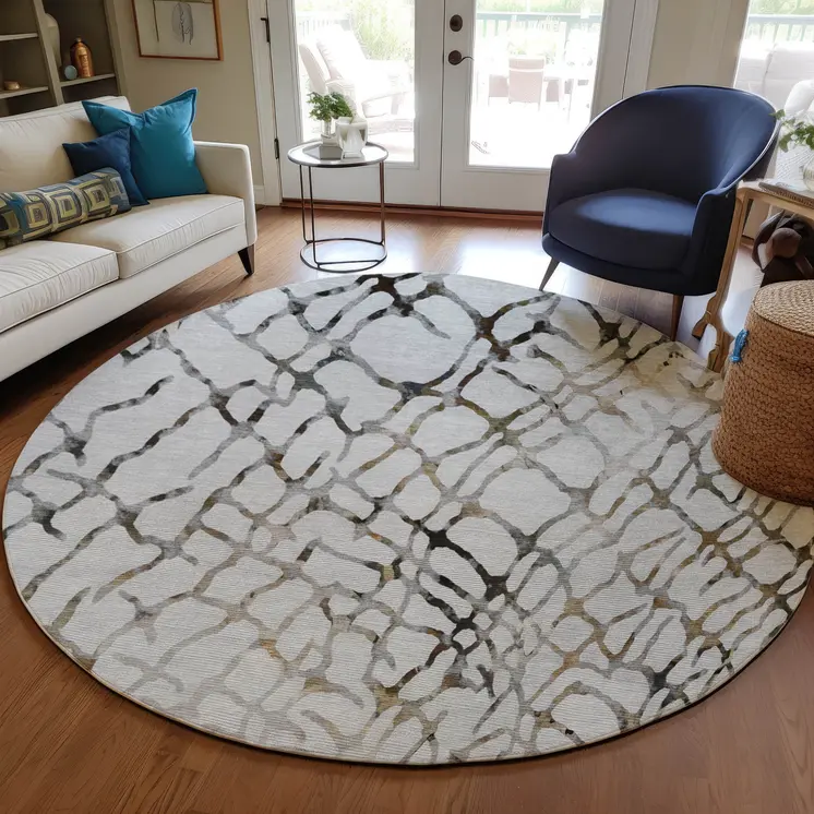 8' Silver Gray And Charcoal Round Abstract Washable Indoor Outdoor Area Rug