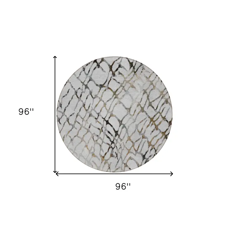 8' Silver Gray And Charcoal Round Abstract Washable Indoor Outdoor Area Rug