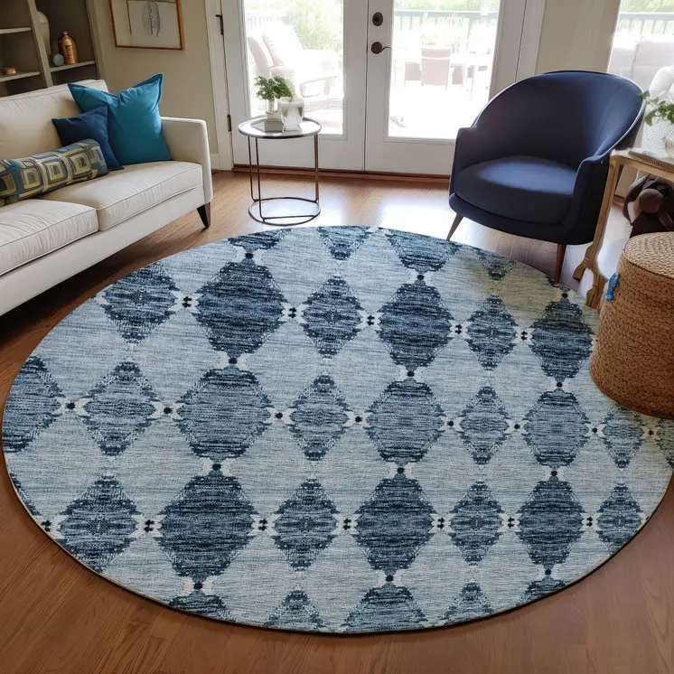 8' Navy Blue And Denim Blue Round Moroccan Washable Indoor Outdoor Area Rug