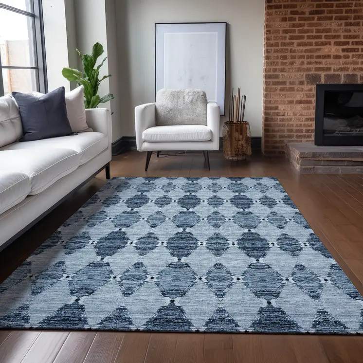 8' X 10' Navy Blue And Denim Blue Moroccan Washable Indoor Outdoor Area Rug