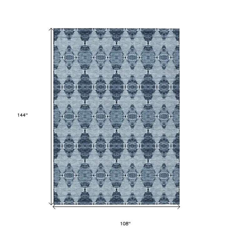 9' X 12' Navy Blue And Denim Blue Moroccan Washable Indoor Outdoor Area Rug