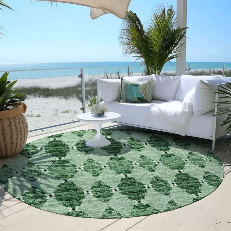 8' Emerald And Green Round Moroccan Washable Indoor Outdoor Area Rug