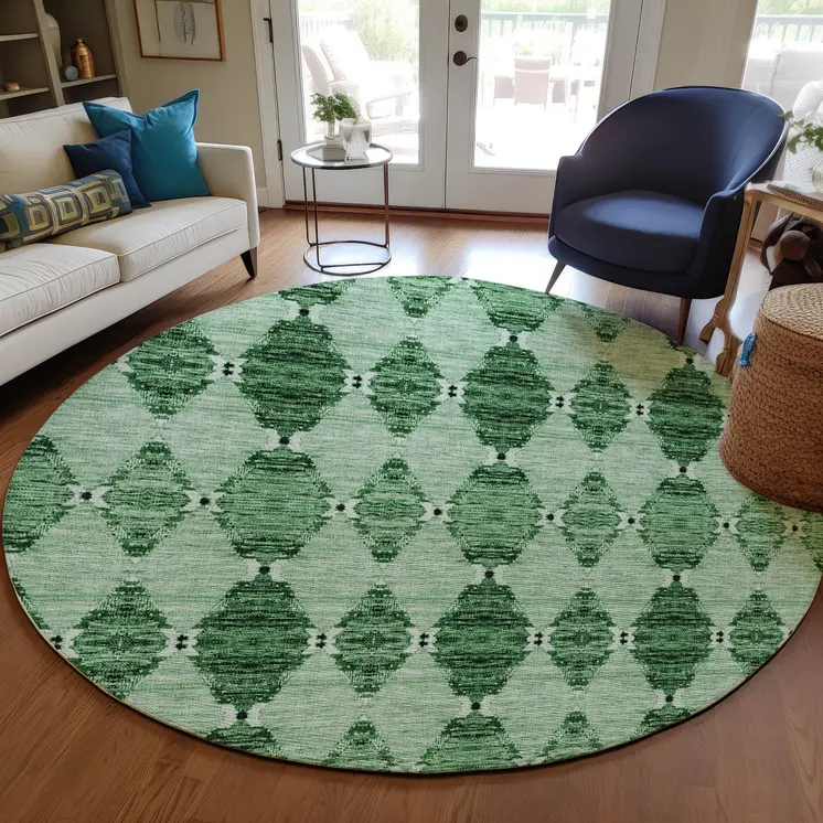 8' Emerald And Green Round Moroccan Washable Indoor Outdoor Area Rug