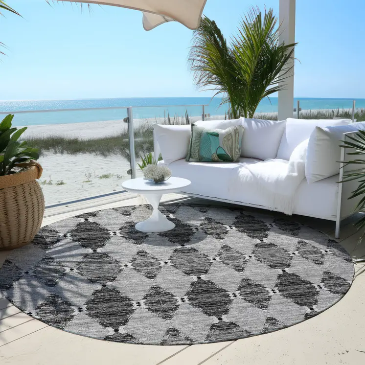 8' Gray Charcoal And Silver Round Moroccan Washable Indoor Outdoor Area Rug