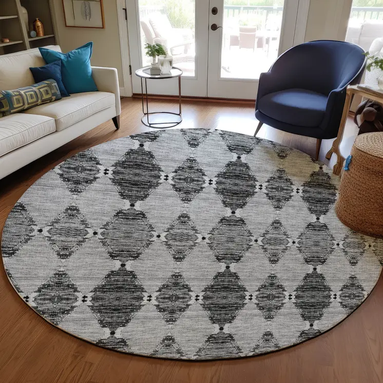 8' Gray Charcoal And Silver Round Moroccan Washable Indoor Outdoor Area Rug